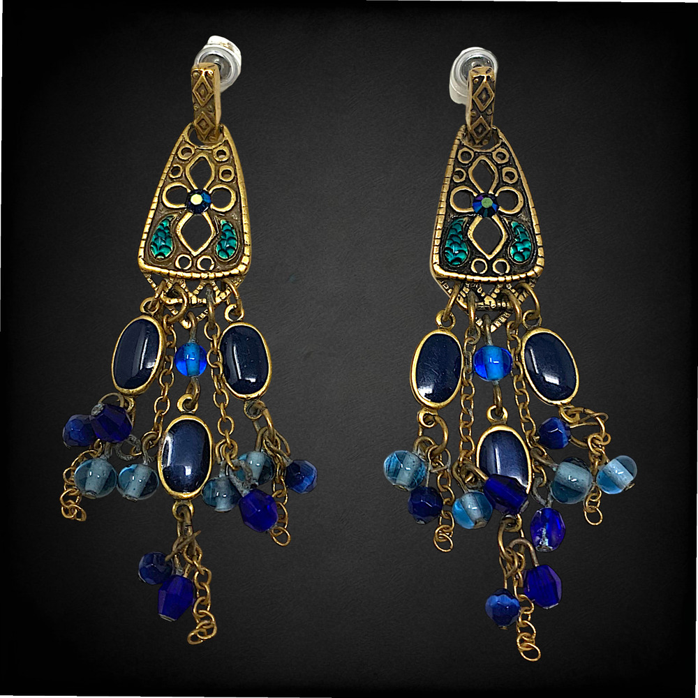 Chico's Blue Beaded Crystal Chandelier Earrings Gold Tone Boho Statement 2.75"